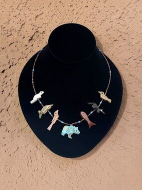 Southwestern Style Carved Stone Turquoise Animal Fetish Necklace 19-20”